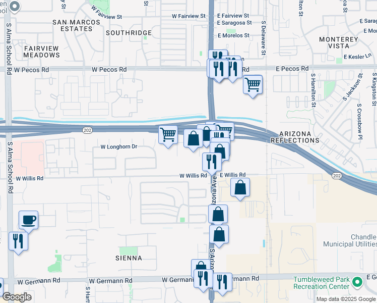 map of restaurants, bars, coffee shops, grocery stores, and more near 1430 South Arizona Avenue in Chandler