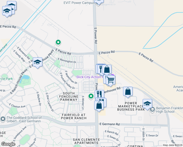 map of restaurants, bars, coffee shops, grocery stores, and more near 4761 East Woodside Way in Gilbert