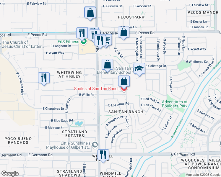 map of restaurants, bars, coffee shops, grocery stores, and more near 3591 South San Benito Drive in Gilbert