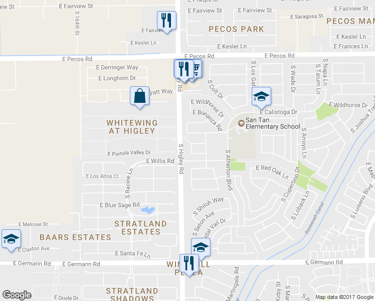 map of restaurants, bars, coffee shops, grocery stores, and more near 3248 East Red Oak Lane in Gilbert