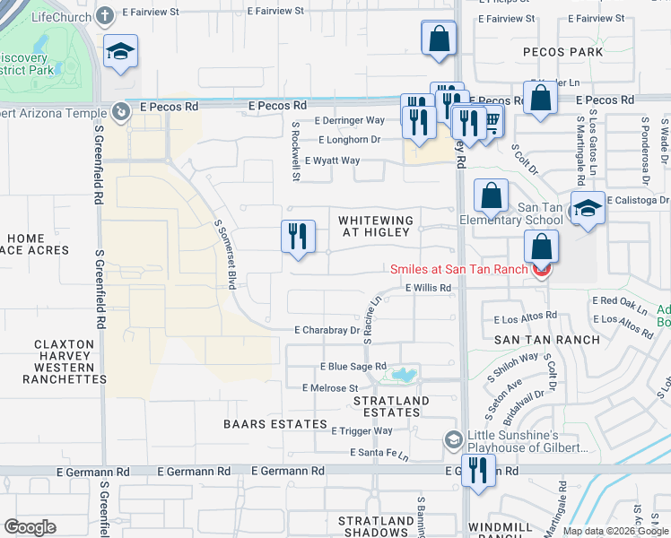 map of restaurants, bars, coffee shops, grocery stores, and more near 2879 East Portola Valley Drive in Gilbert