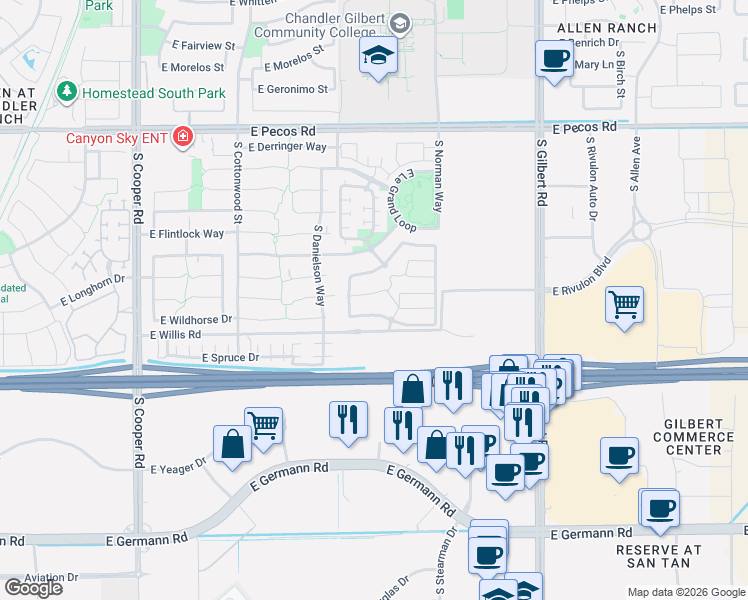 map of restaurants, bars, coffee shops, grocery stores, and more near 2589 East Wildhorse Place in Chandler