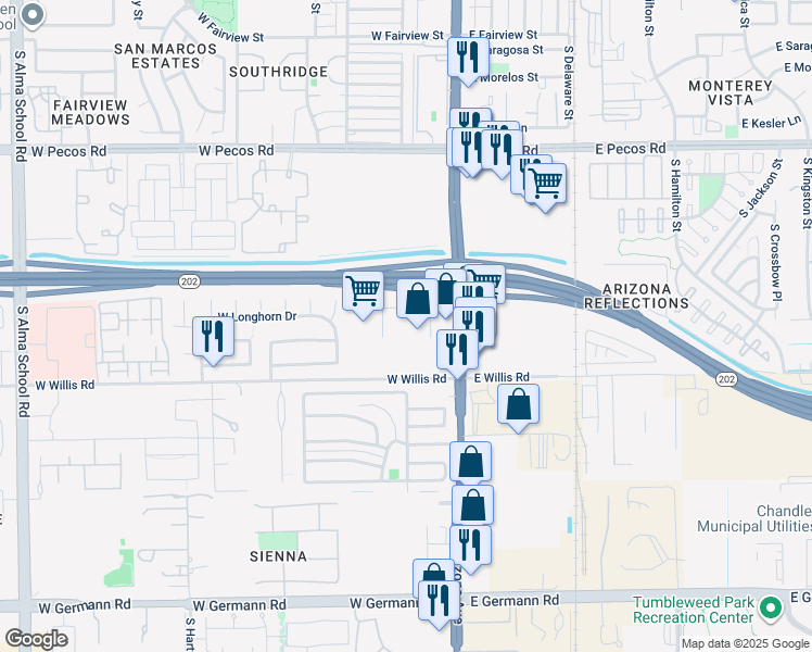 map of restaurants, bars, coffee shops, grocery stores, and more near 1490 S Arizona Ave in Chandler