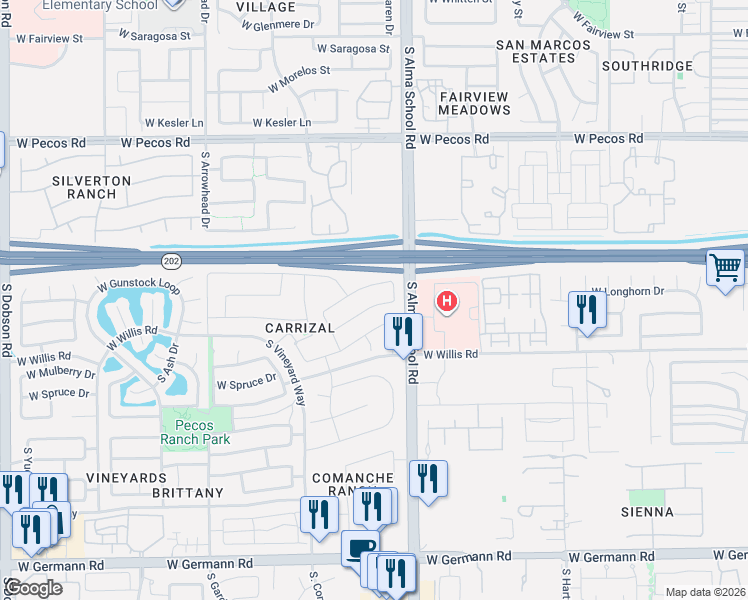 map of restaurants, bars, coffee shops, grocery stores, and more near 1083 West Wildhorse Drive in Chandler