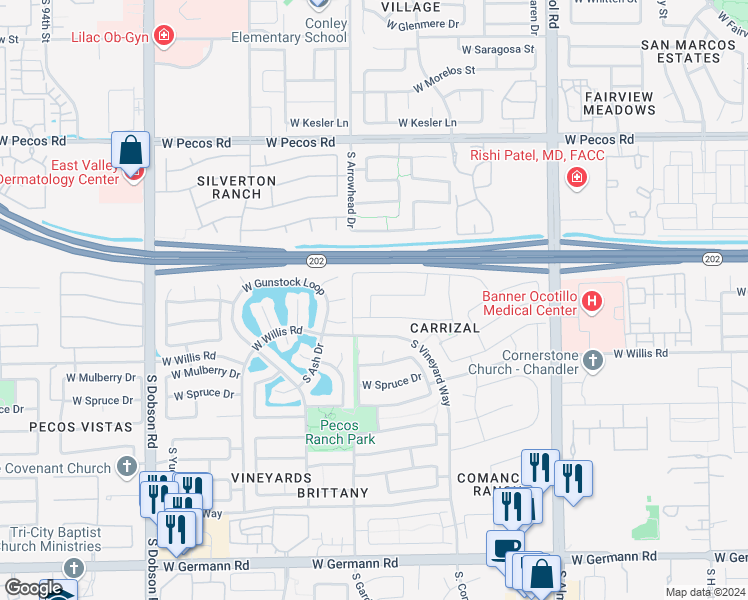 map of restaurants, bars, coffee shops, grocery stores, and more near 1475 West Remington Drive in Chandler