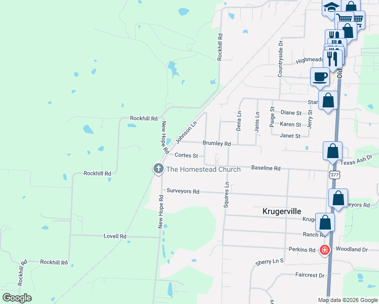 map of restaurants, bars, coffee shops, grocery stores, and more near 511 Cortes Street in Krugerville