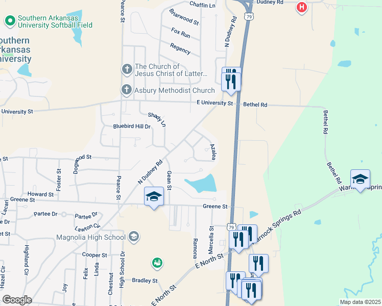 map of restaurants, bars, coffee shops, grocery stores, and more near 13 Azalea in Magnolia
