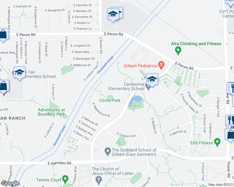 map of restaurants, bars, coffee shops, grocery stores, and more near 4117 East Thunderheart Trail in Gilbert