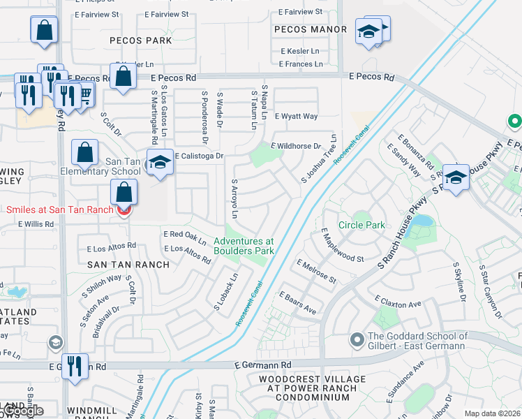 map of restaurants, bars, coffee shops, grocery stores, and more near 3609 South Loback Lane in Gilbert