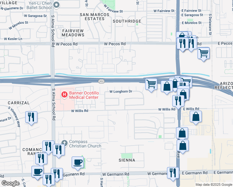 map of restaurants, bars, coffee shops, grocery stores, and more near 1324 South Peden Court in Chandler