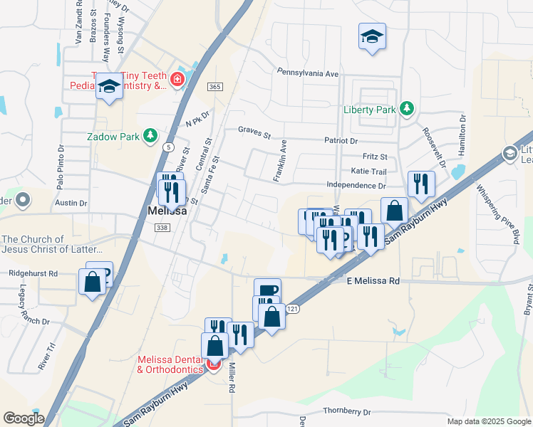 map of restaurants, bars, coffee shops, grocery stores, and more near 2200 Independence Drive in Melissa
