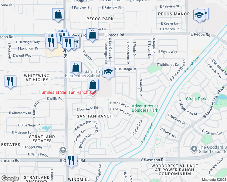 map of restaurants, bars, coffee shops, grocery stores, and more near 3530 South Moccasin Trail in Gilbert