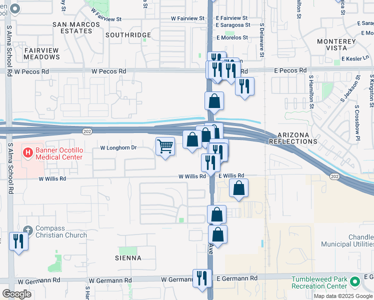 map of restaurants, bars, coffee shops, grocery stores, and more near 1430 South Arizona Avenue in Chandler