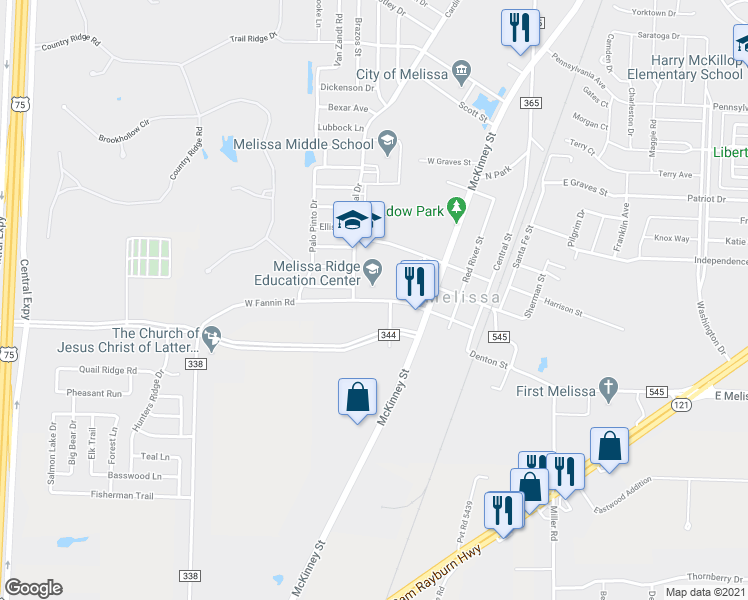 map of restaurants, bars, coffee shops, grocery stores, and more near 3233 West Fannin Road in Melissa