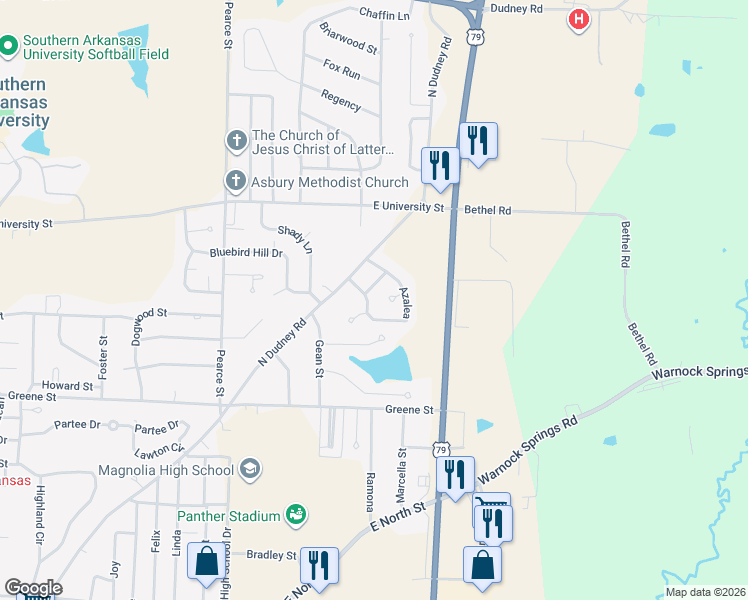 map of restaurants, bars, coffee shops, grocery stores, and more near 6 Azalea in Magnolia
