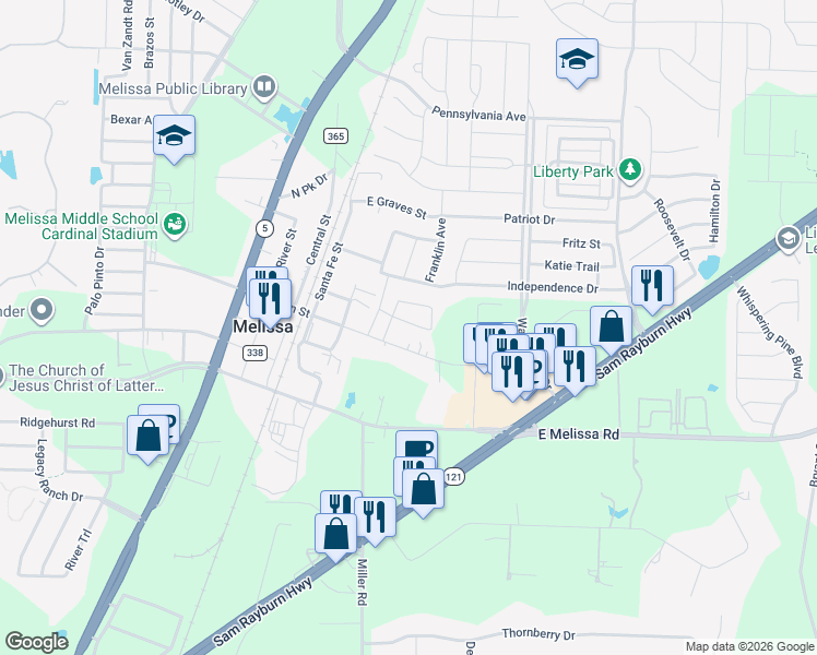 map of restaurants, bars, coffee shops, grocery stores, and more near 2200 Independence Drive in Melissa