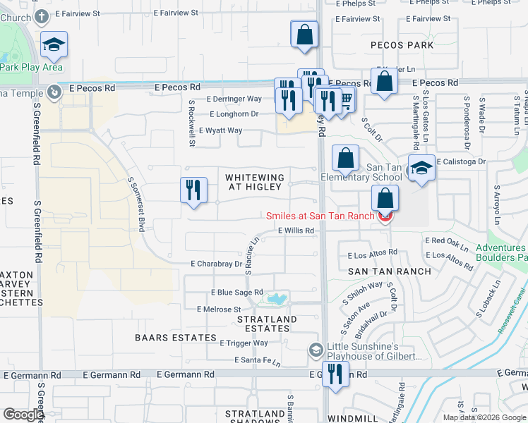 map of restaurants, bars, coffee shops, grocery stores, and more near 2961-2979 East Waterman Way in Gilbert