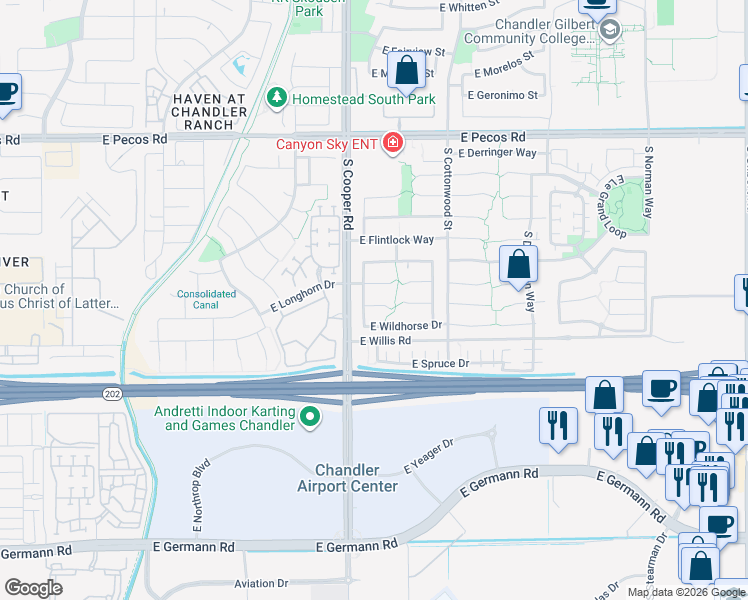 map of restaurants, bars, coffee shops, grocery stores, and more near 2085 East Longhorn Place in Chandler