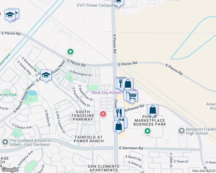 map of restaurants, bars, coffee shops, grocery stores, and more near 3580 South Ranger Trail in Gilbert