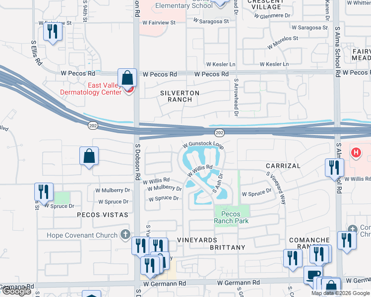 map of restaurants, bars, coffee shops, grocery stores, and more near 1686 West Gunstock Loop in Chandler