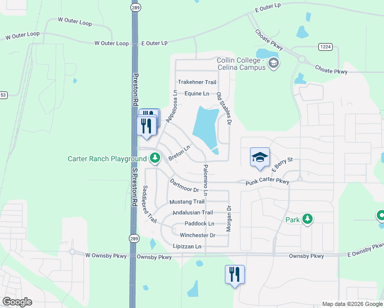 map of restaurants, bars, coffee shops, grocery stores, and more near 402 Palomino Lane in Celina