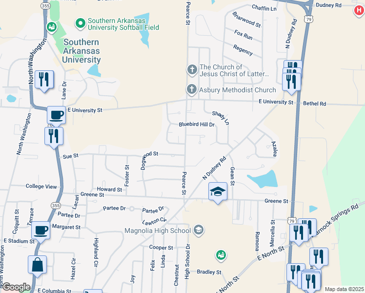 map of restaurants, bars, coffee shops, grocery stores, and more near 1302 Tall Timber in Magnolia