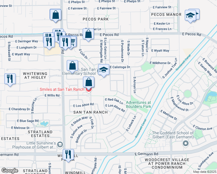 map of restaurants, bars, coffee shops, grocery stores, and more near 3530 South Moccasin Trail in Gilbert