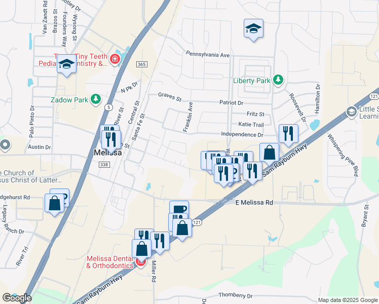 map of restaurants, bars, coffee shops, grocery stores, and more near 2212 Independence Drive in Melissa