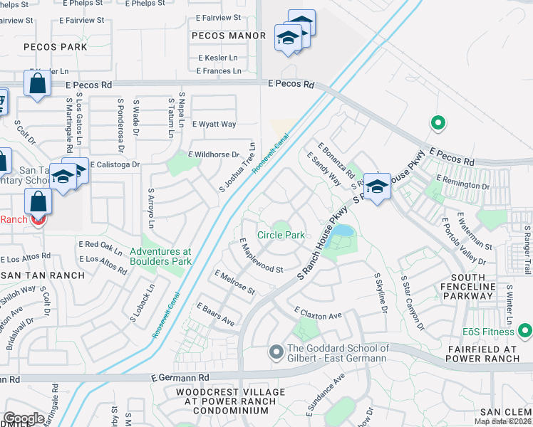 map of restaurants, bars, coffee shops, grocery stores, and more near 3551 South Sterling Court in Gilbert