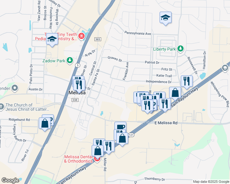 map of restaurants, bars, coffee shops, grocery stores, and more near 2200 Independence Drive in Melissa