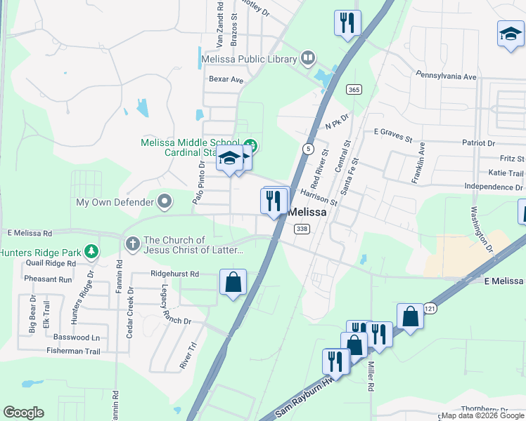 map of restaurants, bars, coffee shops, grocery stores, and more near 3233 West Fannin Road in Melissa