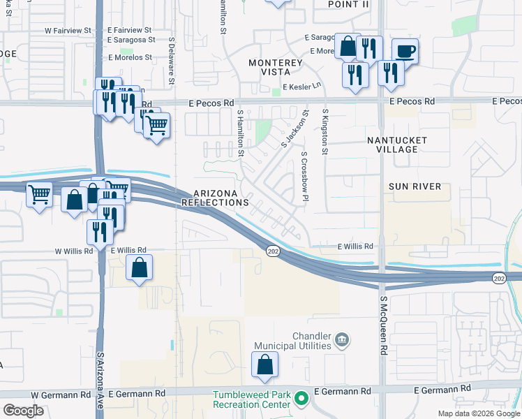 map of restaurants, bars, coffee shops, grocery stores, and more near 1324 South Mosley Court in Chandler