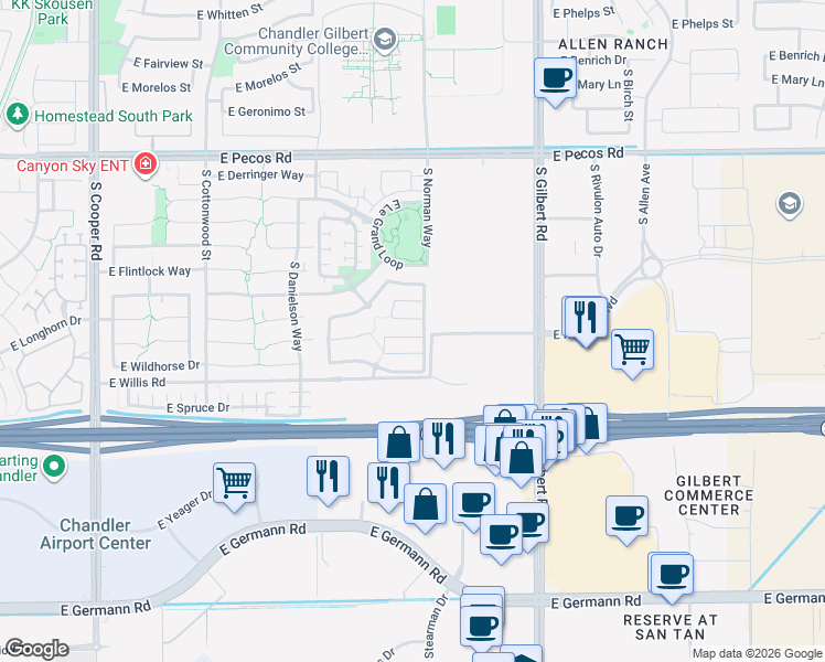 map of restaurants, bars, coffee shops, grocery stores, and more near 2704 East Remington Place in Chandler