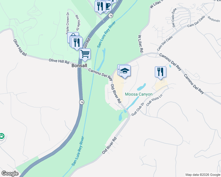 map of restaurants, bars, coffee shops, grocery stores, and more near 31542 Old River Road in Bonsall