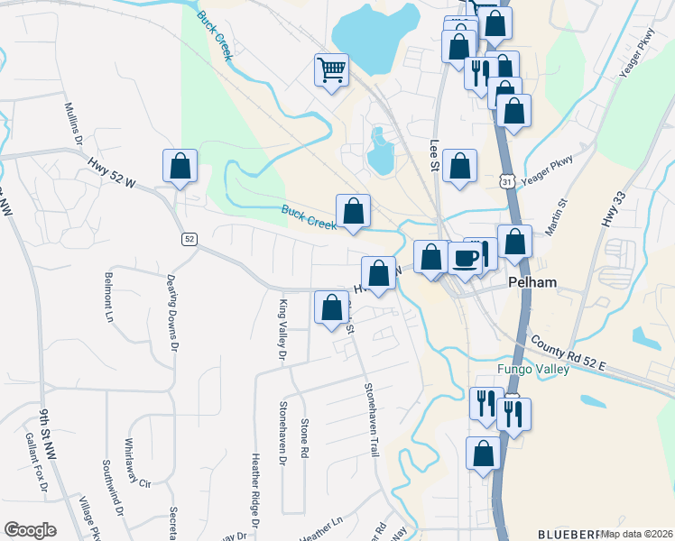 map of restaurants, bars, coffee shops, grocery stores, and more near 103 Meadowview Circle in Pelham