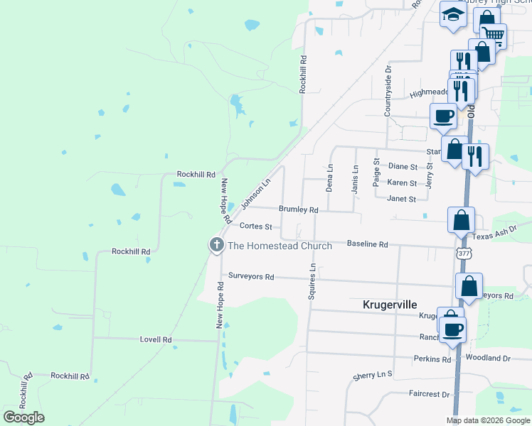 map of restaurants, bars, coffee shops, grocery stores, and more near 502 Brumley Road in Krugerville
