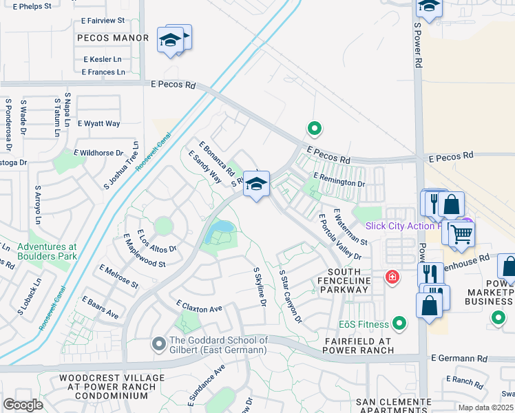 map of restaurants, bars, coffee shops, grocery stores, and more near 3507 South Ranch House Parkway in Gilbert