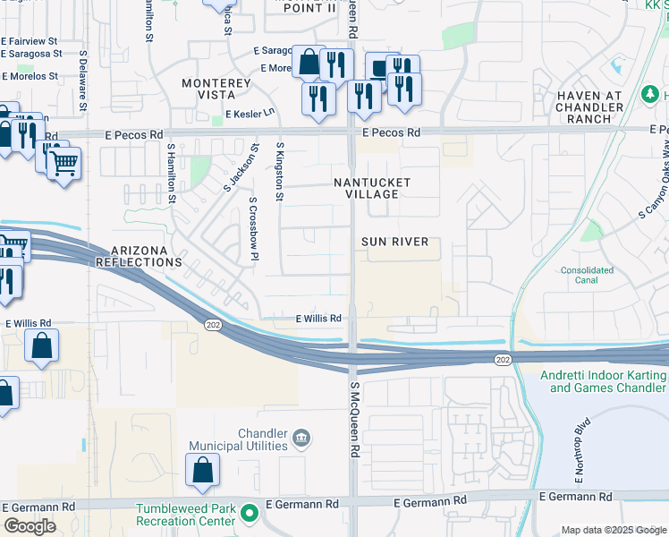 map of restaurants, bars, coffee shops, grocery stores, and more near 988 East Wildhorse Drive in Chandler