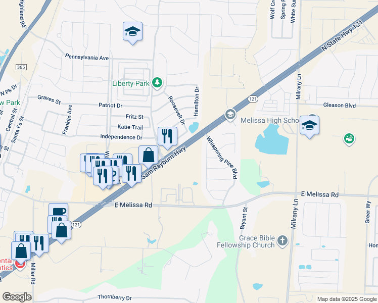 map of restaurants, bars, coffee shops, grocery stores, and more near 3107 Aspen Way in Melissa