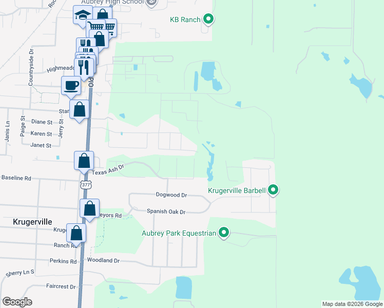map of restaurants, bars, coffee shops, grocery stores, and more near 5408 U.S. 377 in Aubrey