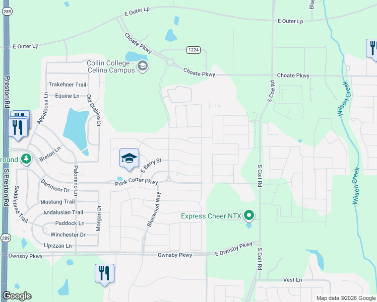 map of restaurants, bars, coffee shops, grocery stores, and more near 1108 Bluebird Way in Celina