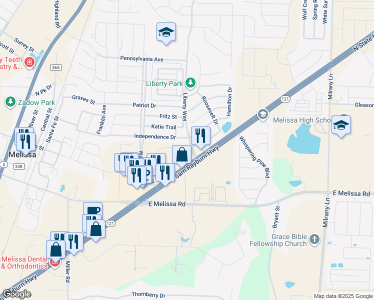 map of restaurants, bars, coffee shops, grocery stores, and more near Liberty Drive in Melissa