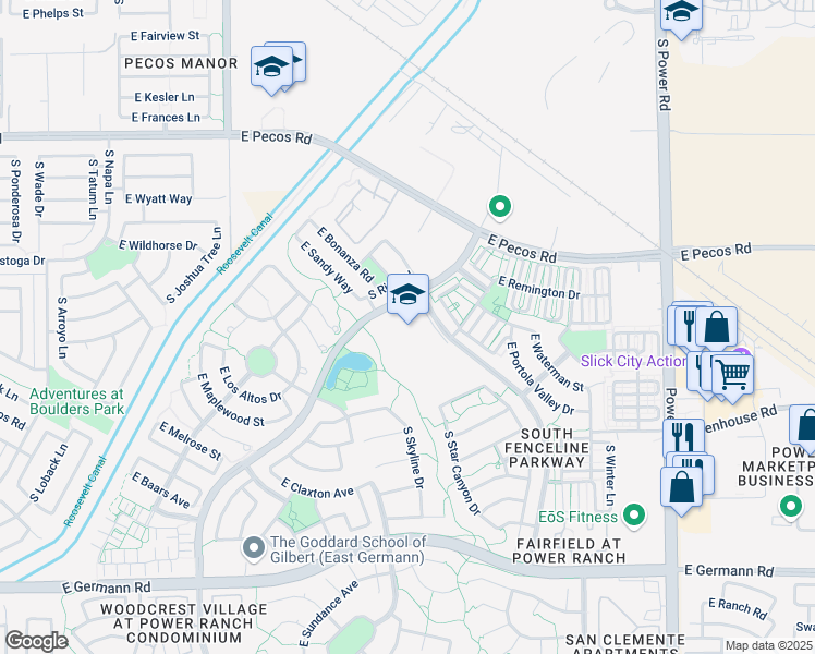 map of restaurants, bars, coffee shops, grocery stores, and more near 3507 South Ranch House Parkway in Gilbert