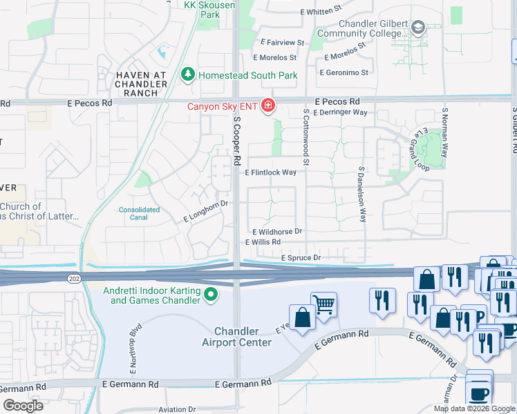 map of restaurants, bars, coffee shops, grocery stores, and more near 2085 East Longhorn Place in Chandler