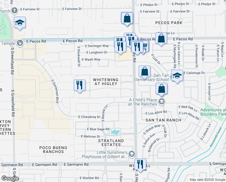 map of restaurants, bars, coffee shops, grocery stores, and more near 3037 East Waterman Way in Gilbert