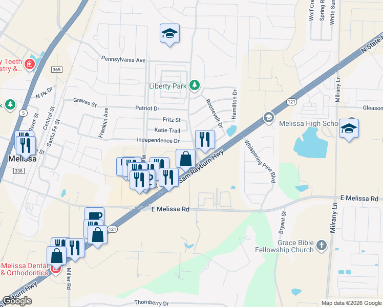 map of restaurants, bars, coffee shops, grocery stores, and more near Liberty Drive in Melissa