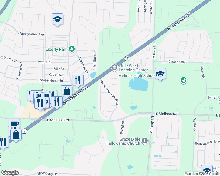 map of restaurants, bars, coffee shops, grocery stores, and more near 3105 Whispering Pine Boulevard in Melissa
