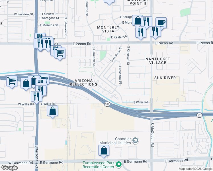 map of restaurants, bars, coffee shops, grocery stores, and more near 1324 South Mosley Court in Chandler