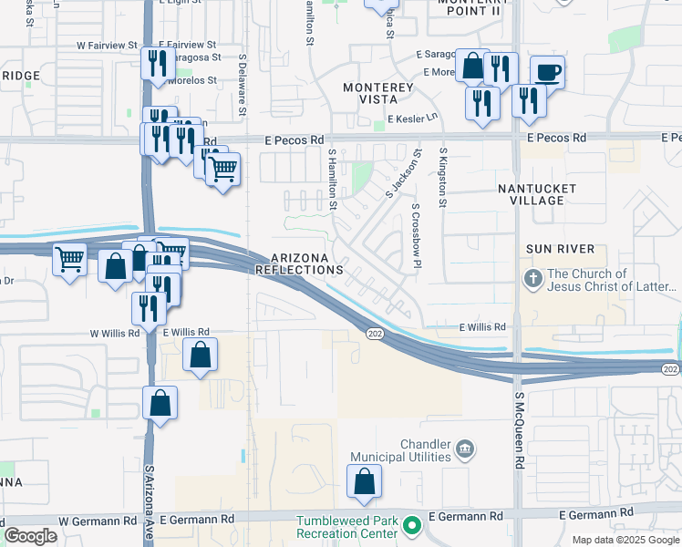 map of restaurants, bars, coffee shops, grocery stores, and more near 1395 South Bogle Court in Chandler