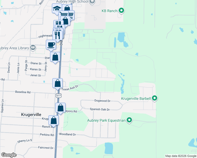 map of restaurants, bars, coffee shops, grocery stores, and more near 1021 Crockett Street in Aubrey